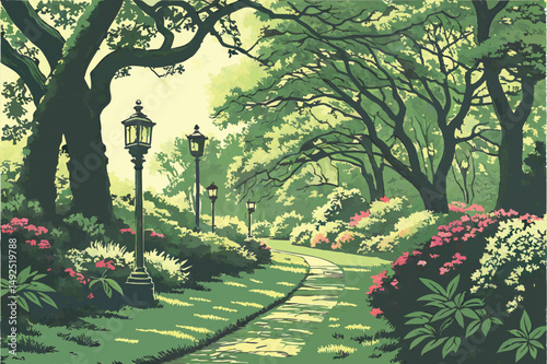 164 A lush, verdant garden path winding through towering trees and vibrant flowers, perfectly manicured lawn, ornate garden lanterns lining the walkway, intricate foliage and colorful blooms, serene a