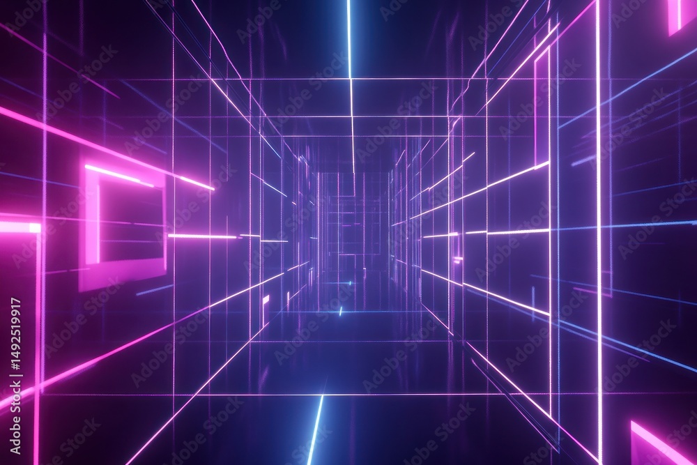 Neon lines grid corridor futuristic