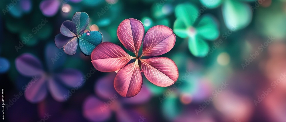 Colorful clover leaves close up