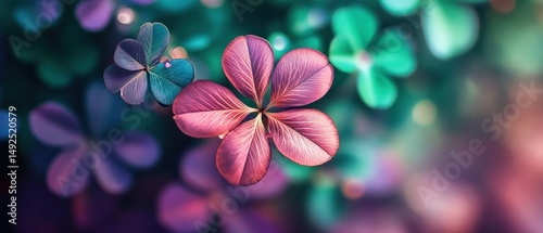 Colorful clover leaves close up