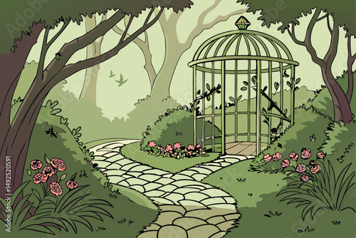 165 intricate ultra-detailed photorealistic fantasy garden scene, whimsical birdcage arbor, lush greenery, vibrant flowers, cobblestone path, daylight, cinematic lighting, 8k, hyper-realistic, stunnin