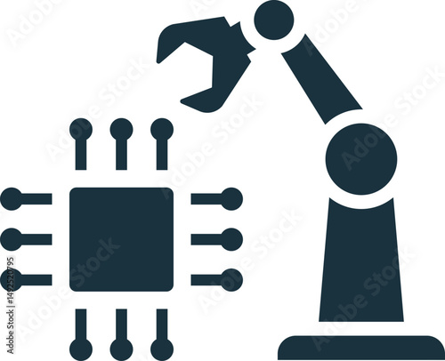 Robotic arm handling microchip, automation in semiconductor industry