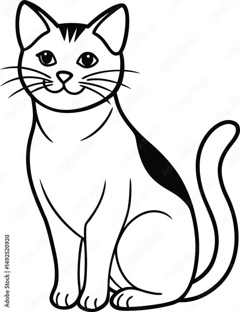 Obraz premium Simple black and white cartoon illustration of a sitting cat with a happy expression
