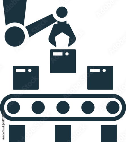 Robotic arm lifting box on assembly line in factory