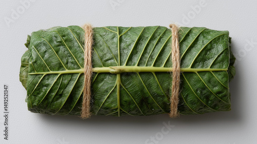 Green Leaf Wrapped Food: A fresh, organic parcel wrapped in a vibrant green leaf, secured with natural twine, embodying the essence of wholesome and sustainable eating.