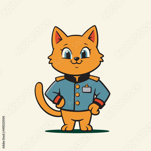 Cheerful officer cat mascot, confident and cute.