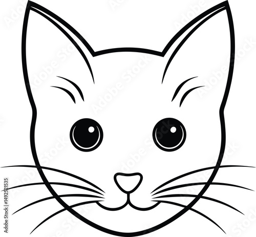 Simple black and white cat face illustration with whiskers suitable for coloring pages