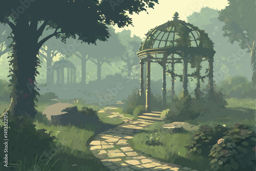 165 intricate ultra-detailed photorealistic fantasy garden scene, whimsical birdcage arbor, lush greenery, vibrant flowers, cobblestone path, daylight, cinematic lighting, 8k, hyper-realistic, stunnin