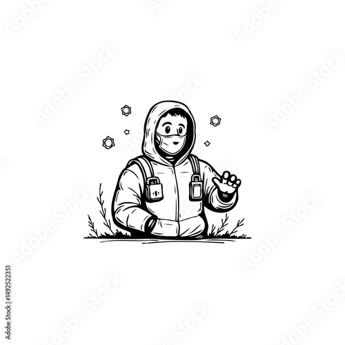 Monochrome character illustration wearing a hoodie and a mask in an outdoor setting