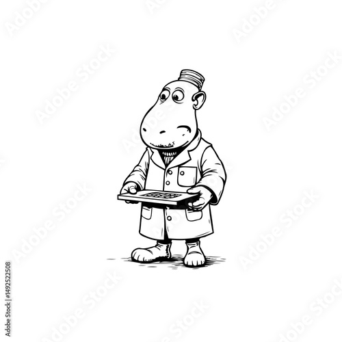 Cartoon hippo waiter character with a vintage attire and a small tray