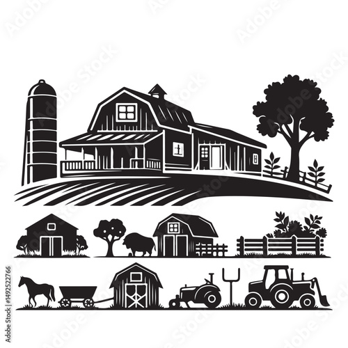 Charming Farm Life Black and White Silhouette Vector Illustration