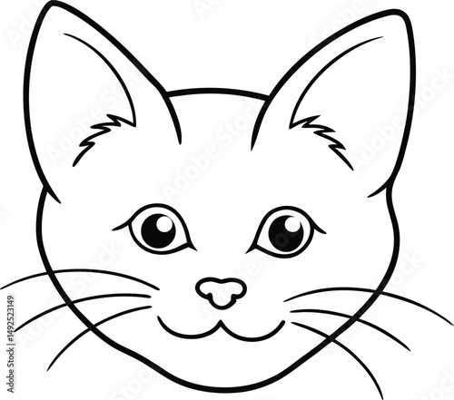 Simple black and white illustration of a cute cat face with whiskers and large ears