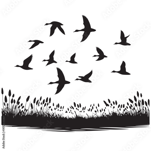 Flying Geese Silhouette Vector Art over Marshland Illustration