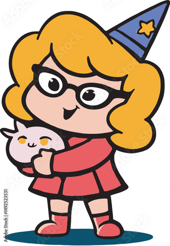 Blonde girl in a wizard hat holding a cat.