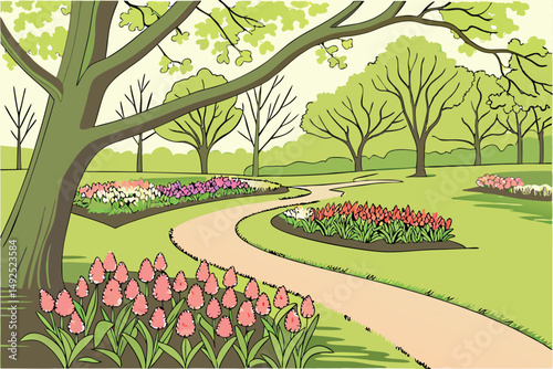 166 lush green meadow, colorful flower beds, winding pathway, blooming hyacinths, vibrant tulips, overarching trees, park-like setting, spring scenery, serene landscape, ornate garden design
