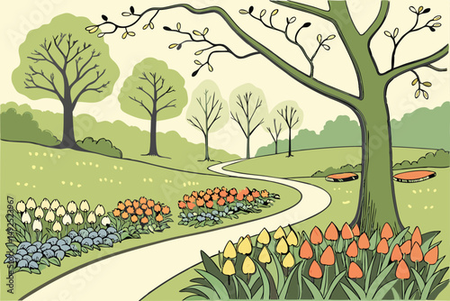 166 lush green meadow, colorful flower beds, winding pathway, blooming hyacinths, vibrant tulips, overarching trees, park-like setting, spring scenery, serene landscape, ornate garden design