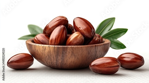 A rustic wooden bowl brimming with glistening jojoba beans hinting at natural skincare and wellness rituals in photo