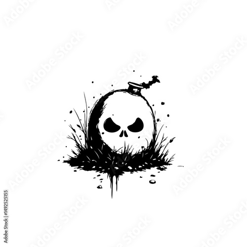 Skull bomb amidst tufts, a dark and humorous illustration of danger and fun