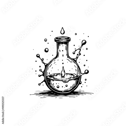 Artistic representation of laboratory equipment with liquid splashes and dripping effect