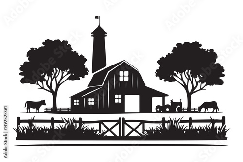 Silhouette Barn and Farm Scene Vector Illustration Graphic Design