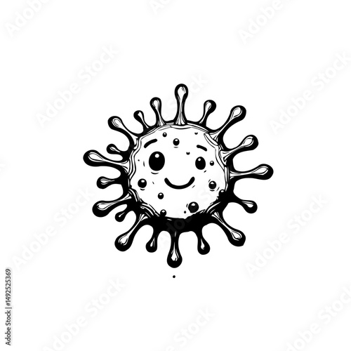 Stylized coronavirus illustration with an amiable expression, conveying health message