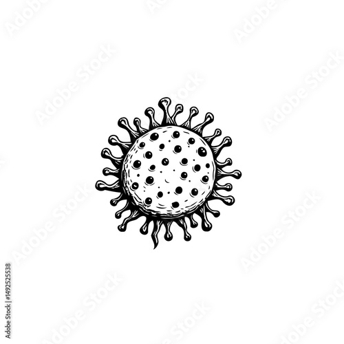 Monochromatic depiction of a viral particle displaying surface projections