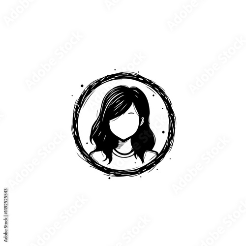 Stylized monochrome portrait featuring woman with obscured face and grunge circle