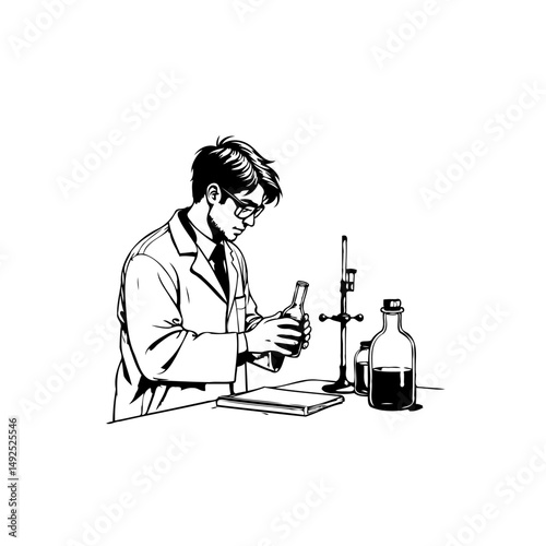 Monochrome illustration of a scientist conducting experiments in a laboratory setting