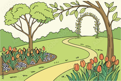 166 lush green meadow, colorful flower beds, winding pathway, blooming hyacinths, vibrant tulips, overarching trees, park-like setting, spring scenery, serene landscape, ornate garden design