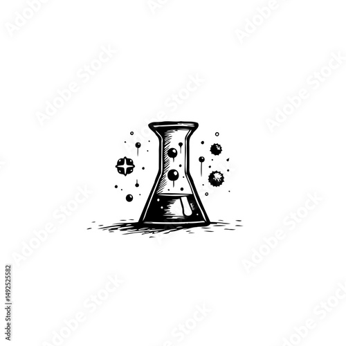 Monochrome flask illustration depicting potential scientific explorations or experiments