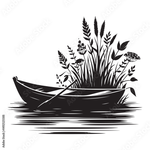 Rustic Boat Silhouette Vector with Wild Plants Illustration