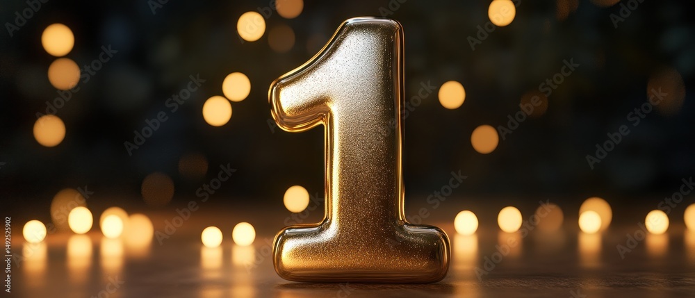 Golden number one on dark background with bokeh lights