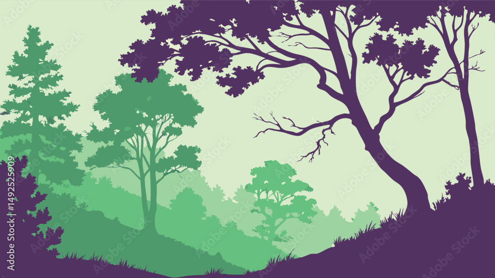 Obraz premium Stylized Forest Landscape Illustration – Layered Tree Silhouette with Mountain Background