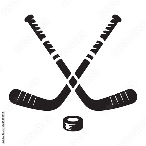 Crossed hockey sticks and puck sports illustration and graphic design