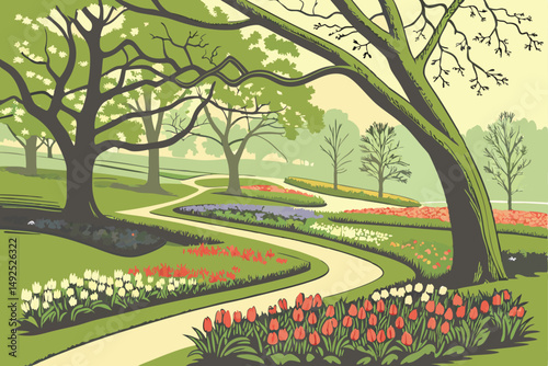 166 lush green meadow, colorful flower beds, winding pathway, blooming hyacinths, vibrant tulips, overarching trees, park-like setting, spring scenery, serene landscape, ornate garden design