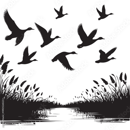 Flock of Ducks Flying over Marshland Scenic Illustration