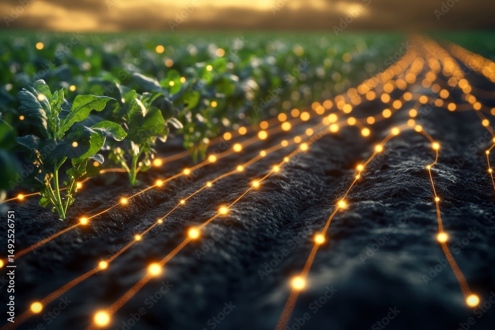 Glowing network over a young plants field
