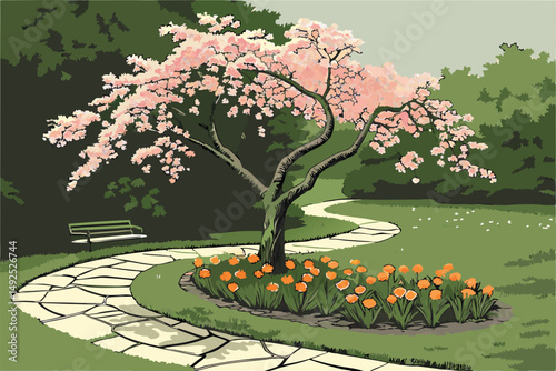 166 lush green meadow, colorful flower beds, winding pathway, blooming hyacinths, vibrant tulips, overarching trees, park-like setting, spring scenery, serene landscape, ornate garden design