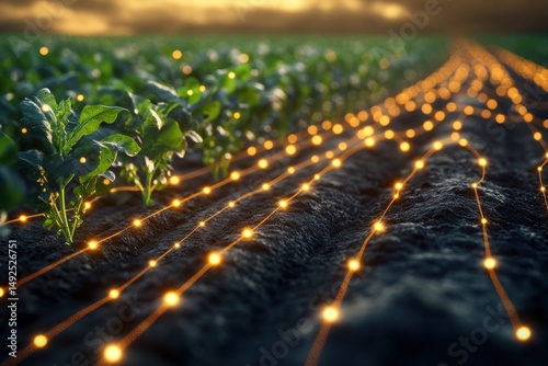 Obraz na płótnie Glowing network over a young plants field w salonie