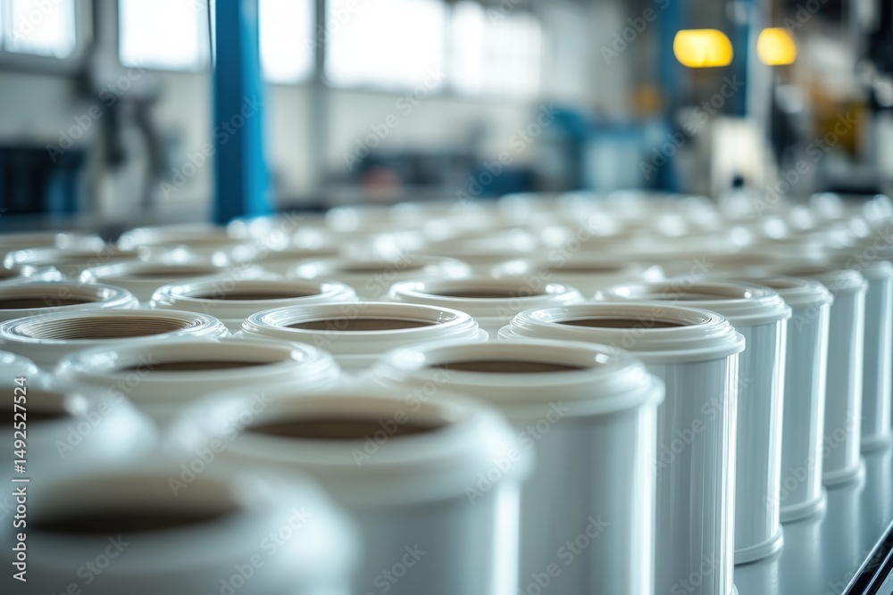 Obraz premium Rows of white cylindrical containers on a production line