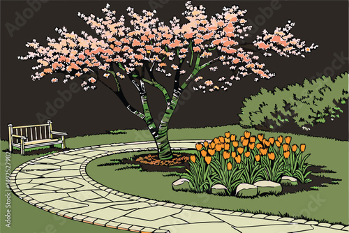 167 a beautifully designed garden with a blooming japanese cherry tree, vibrant orange tulips arranged in circular patterns, a winding stone path leading to a park bench, surrounded by lush green gras