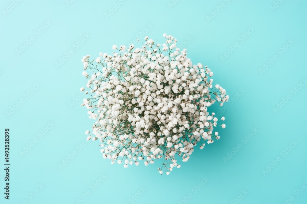 Fototapeta premium Delicate white flowers in a round arrangement on a turquoise background.