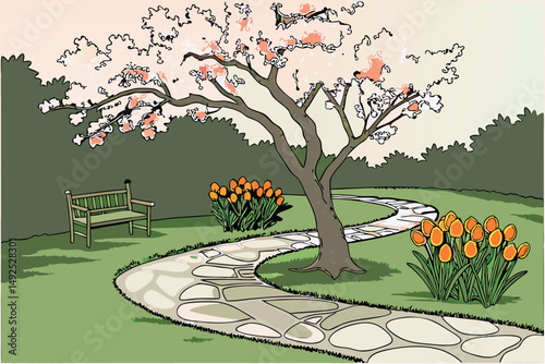 167 a beautifully designed garden with a blooming japanese cherry tree, vibrant orange tulips arranged in circular patterns, a winding stone path leading to a park bench, surrounded by lush green gras