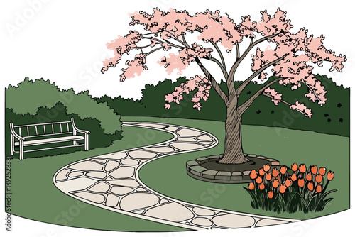 167 a beautifully designed garden with a blooming japanese cherry tree, vibrant orange tulips arranged in circular patterns, a winding stone path leading to a park bench, surrounded by lush green gras