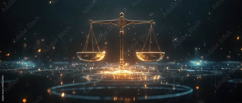 Golden scale of justice in a dark setting with sparks and digital elements