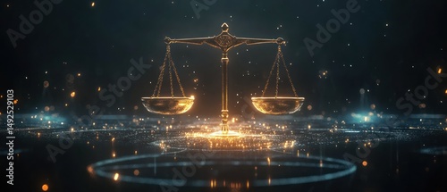 Obraz na płótnie Golden scale of justice in a dark setting with sparks and digital elements w salonie