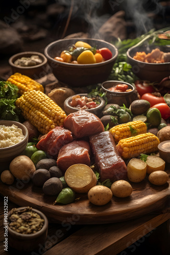 Pachamanca, traditional Andean dish cooked with hot stones, featuring meats, corn, potatoes, and vegetables, rustic and flavorful Peruvian cuisine.
