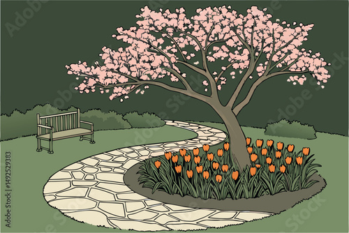 167 a beautifully designed garden with a blooming japanese cherry tree, vibrant orange tulips arranged in circular patterns, a winding stone path leading to a park bench, surrounded by lush green gras