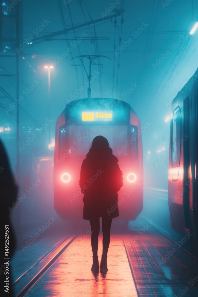 Woman waiting at a neon lit train station
