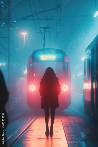 Obraz na płótnie Woman waiting at a neon lit train station w salonie